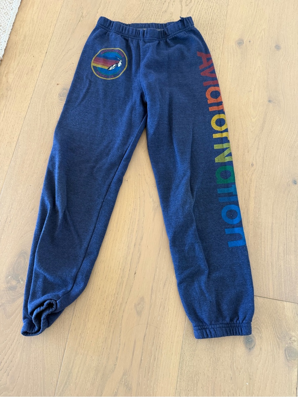 Aviator Nation Kids Navy Sweatpants with Rainbow Logo and Side Text